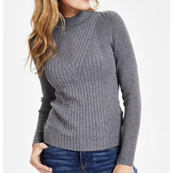 INC Rib Sweater Womens Large Gray Mock Neck Long Sleeve Soft Stretch Pullover - Picture 1 of 8